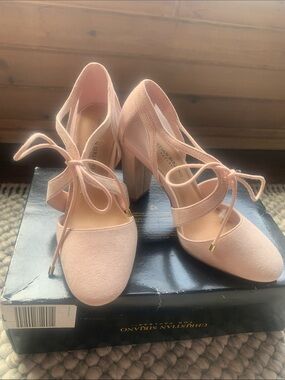 Christian Siriano Blush Pink Lace-Up Block Heel Pumps